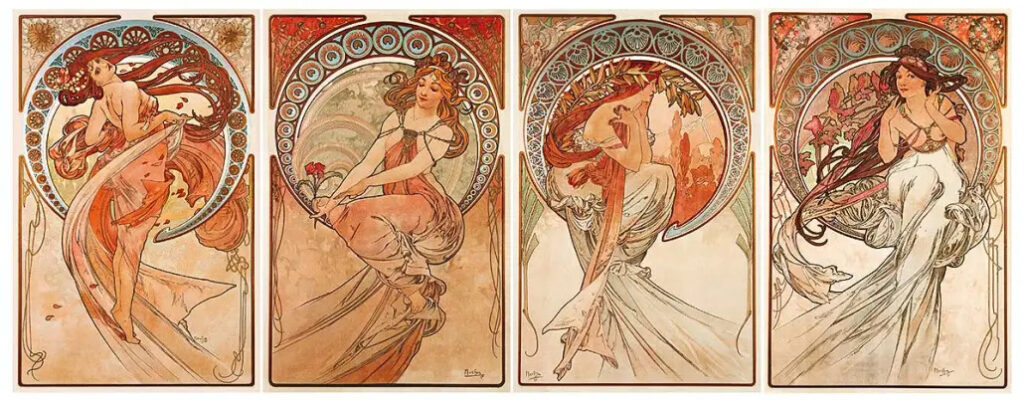 The Four Arts, by Alphonse Mucha–Dance, Poetry, Painting, & Music. Copyright nomadwomen.com